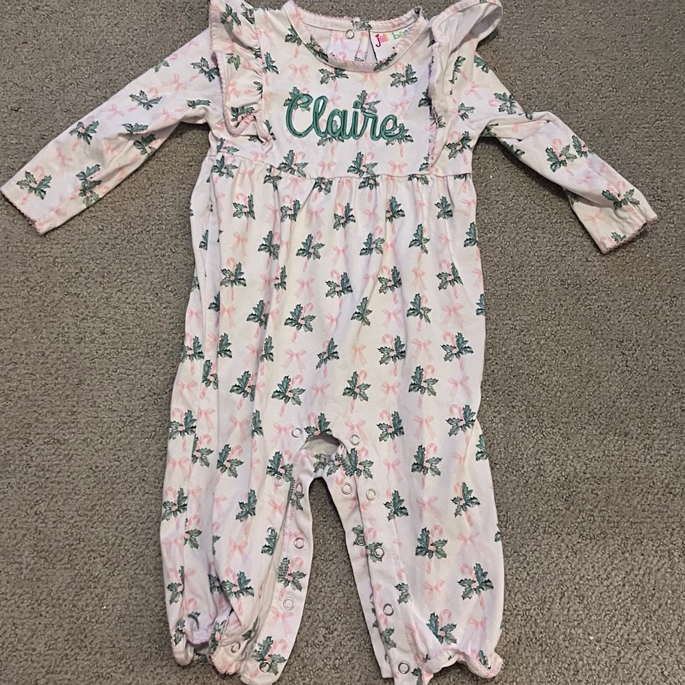 Monogrammed “Claire” Christmas romper with ruffles. 22 month. Jellybean brand